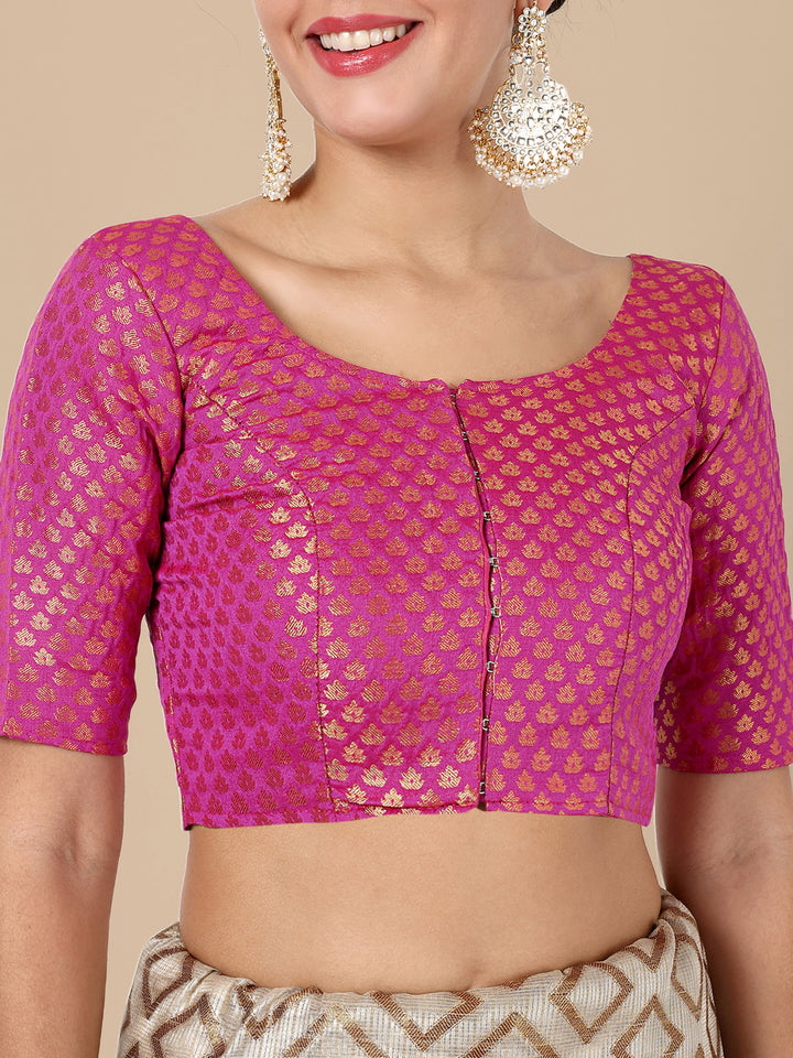 Hot Pink Round Neck Brocade Blouse