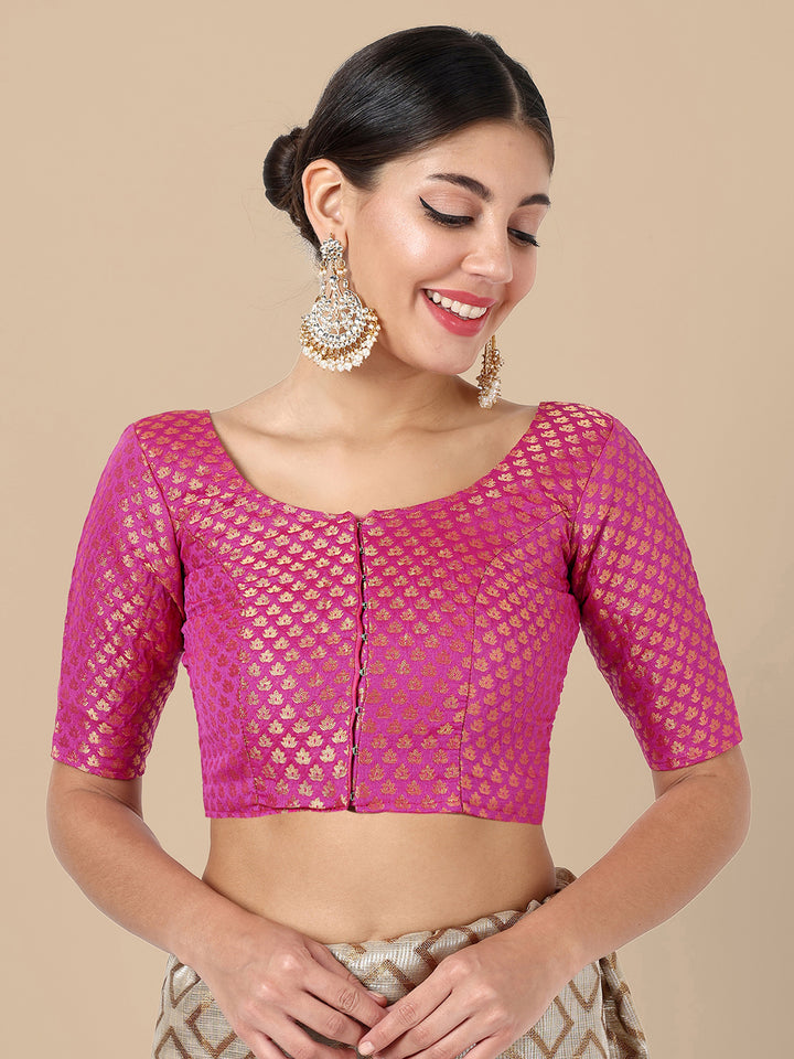 Hot Pink Round Neck Brocade Blouse