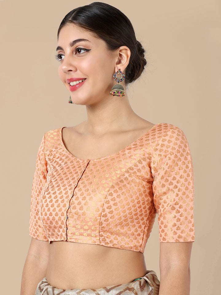 Peach Round Neck Brocade Blouse