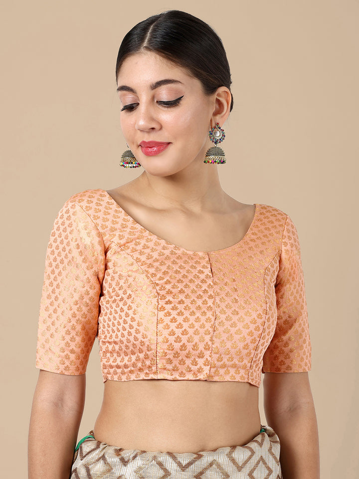 Peach Round Neck Brocade Blouse