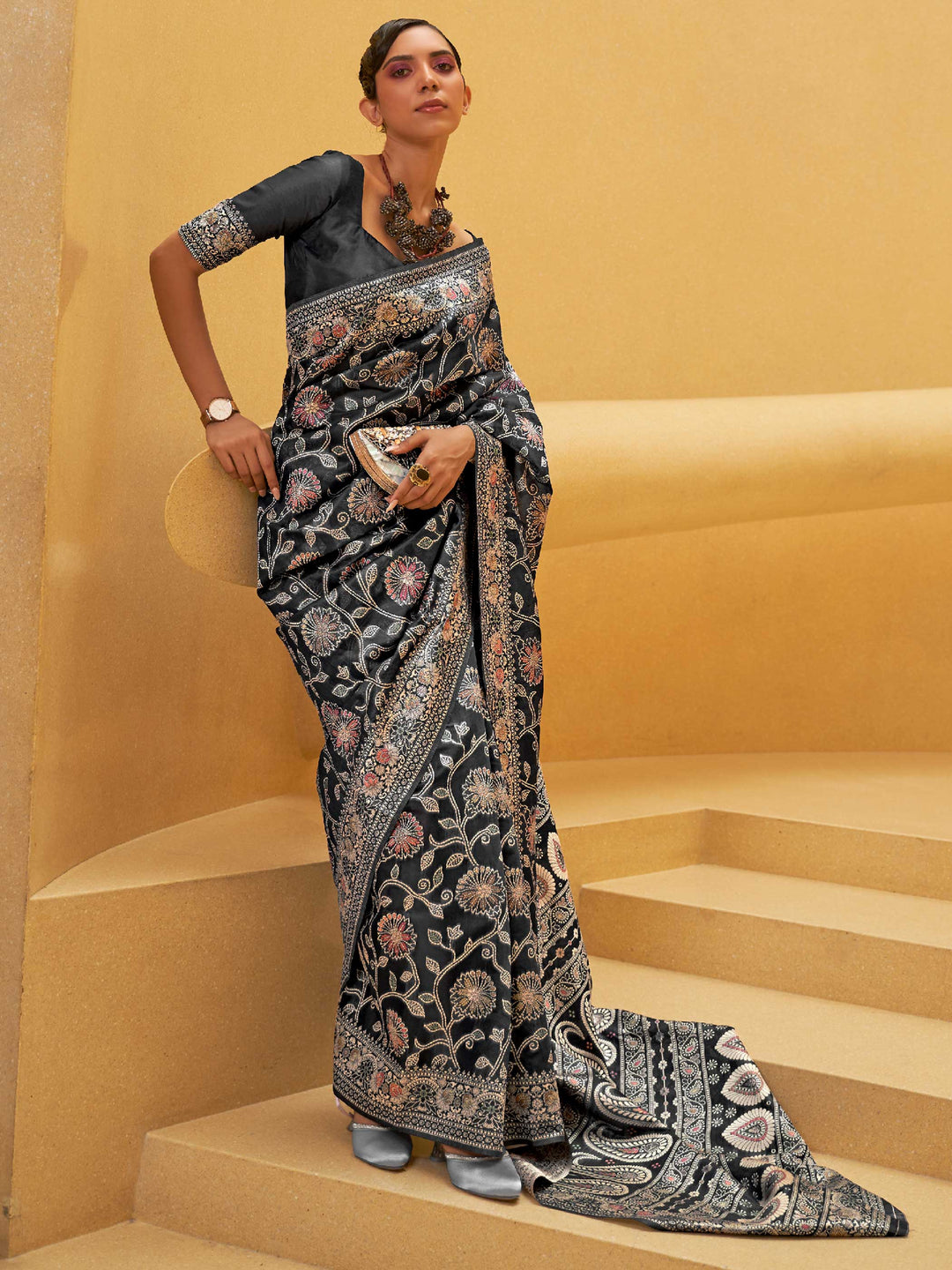 Classic Black Lucknowi Chikankari Weaving Saree at House of Vardha. A stunning handcrafted saree with exquisite detailing, perfect for weddings, parties, and festive occasions.