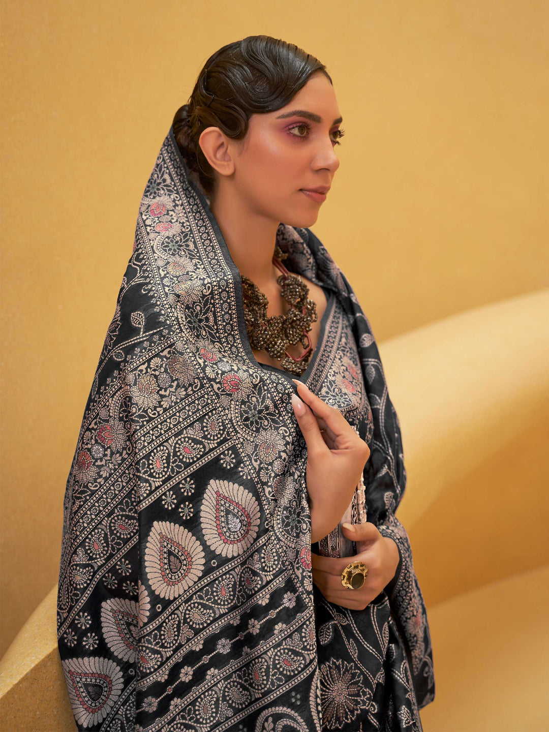 Classic Black Lucknowi Chikankari Weaving Saree at House of Vardha. Designed with intricate Chikankari weaving, this saree is the ultimate choice for a bold, luxurious ethnic look.