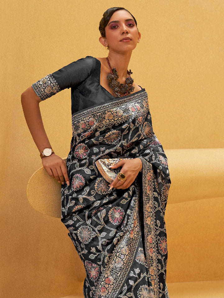 Classic Black Saree, Chikankari Saree, Designer Saree, Party Wear Saree, Traditional Saree Online, Luxury Saree, Elegant Ethnic Wear, Lucknowi Saree