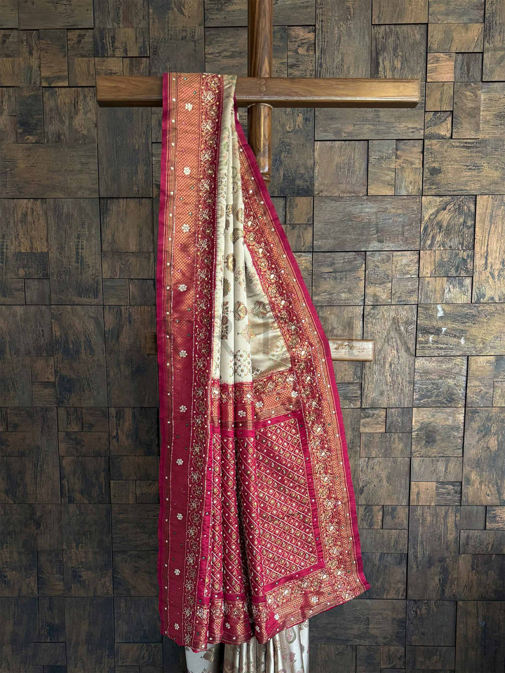 Traditional Cream-Wine Kalamkari Saree with Rich Zari Work & Exquisite Hand Embellishments