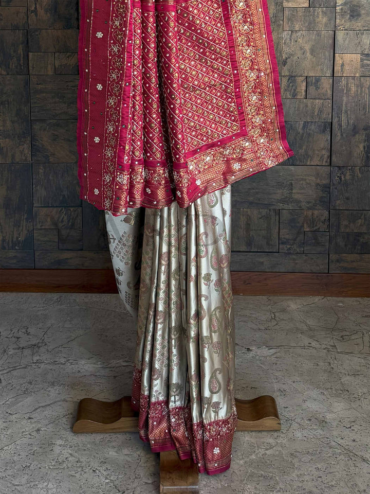 Traditional Cream-Wine Kalamkari Saree with Rich Zari Work & Exquisite Hand Embellishments