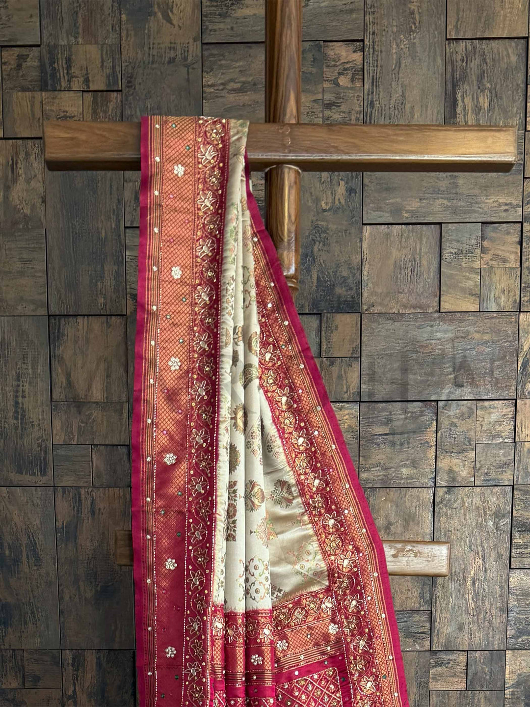 Luxurious Cream-Wine Kalamkari Silk Saree with Intricate Zari Work & Handcrafted Beauty