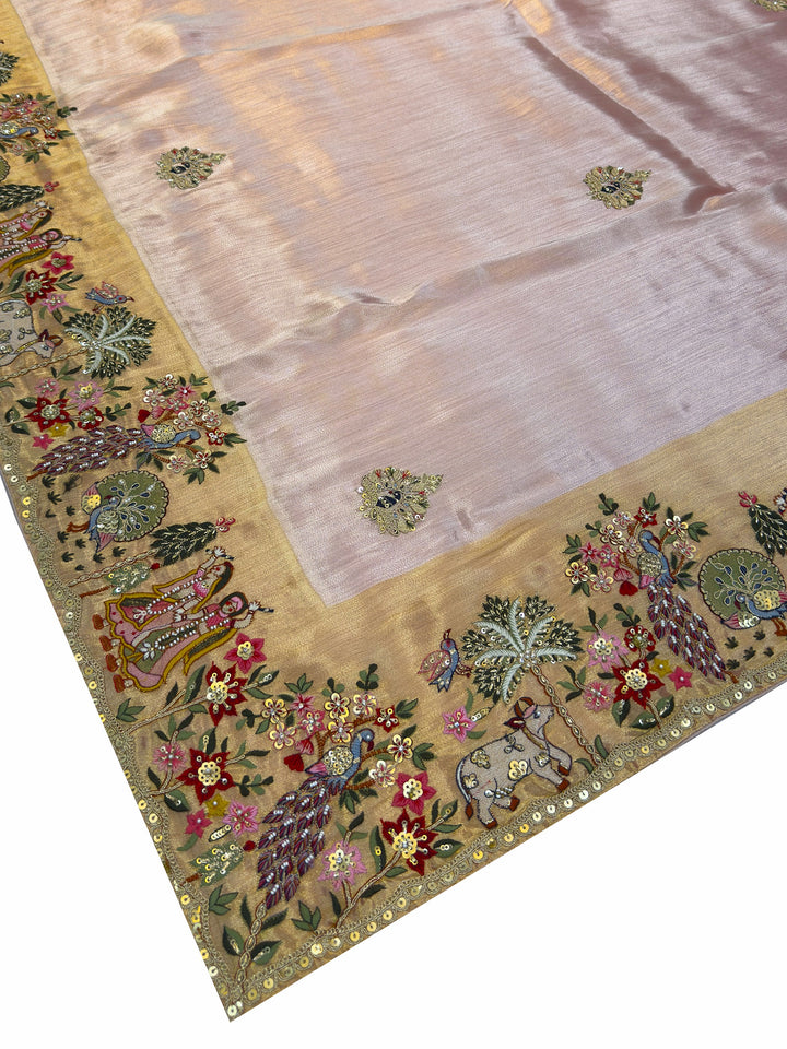 Decorative border with intricate patterns and colors on a fabric background