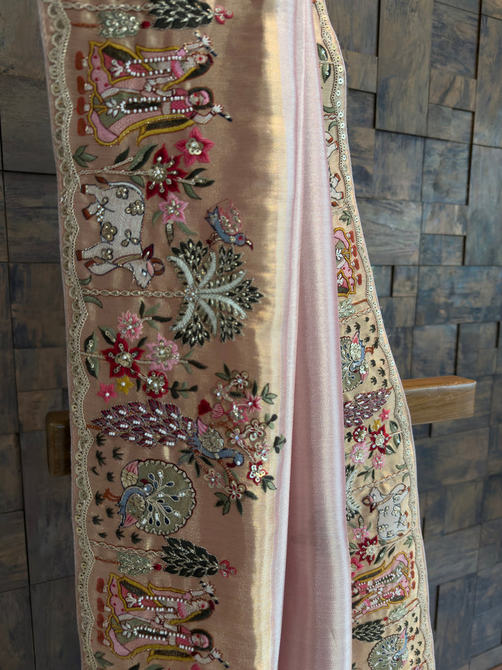 Lilac Tissue Silk Saree with Zari Weaving & Hand Work