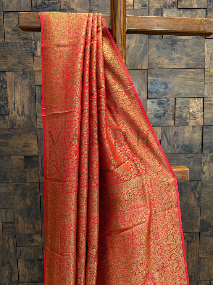 Fabric zoom showing zari thread intricacy and reflective dual-tone Mysore silk sheen Full front view of saree showing consistent woven motif spread and color transitions