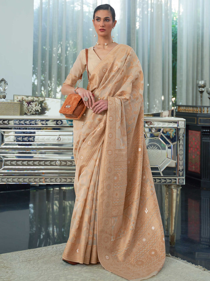 French Beige Lucknowi Chikankari Cotton Saree featuring Traditional Handwoven Embroidery, ideal for Wedding Ceremonies and Festive Occasions.