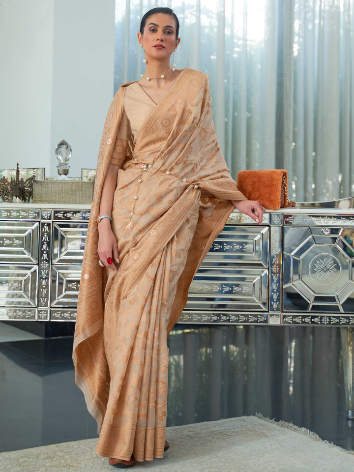 Luxurious French Beige Lucknowi Chikankari Silk Saree showcasing Delicate Hand Embroidery, an excellent choice for Festive Gatherings and Special Occasions.