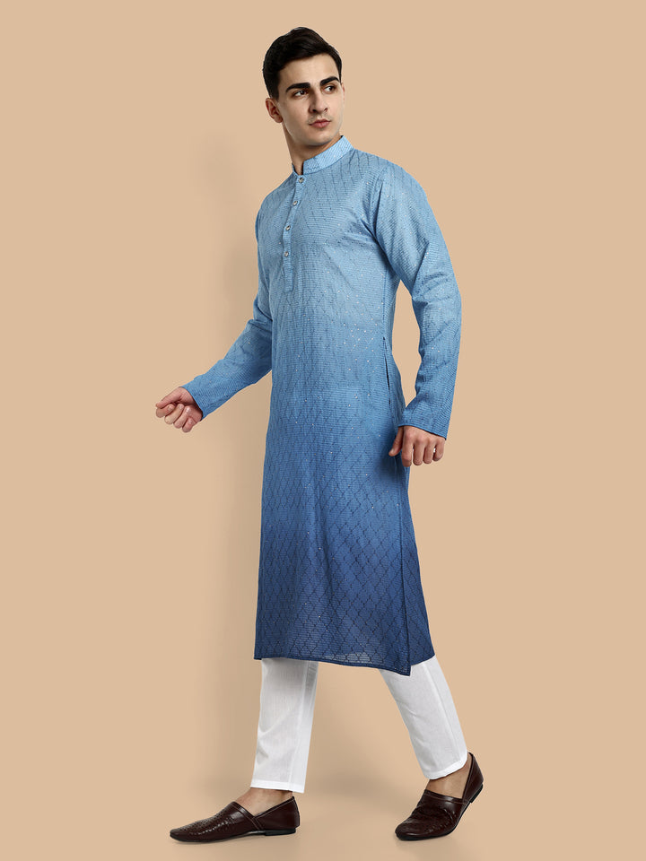 Mandarin collar detailing on chikankari embroidered blue kurta for men