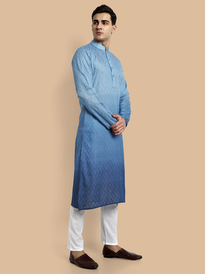 Full body front view of blue gradient kurta with embroidery and sequins, styled for celebration
