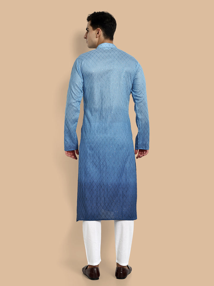 Back view of embroidered blue cotton kurta for men with full sleeves and mandarin collar