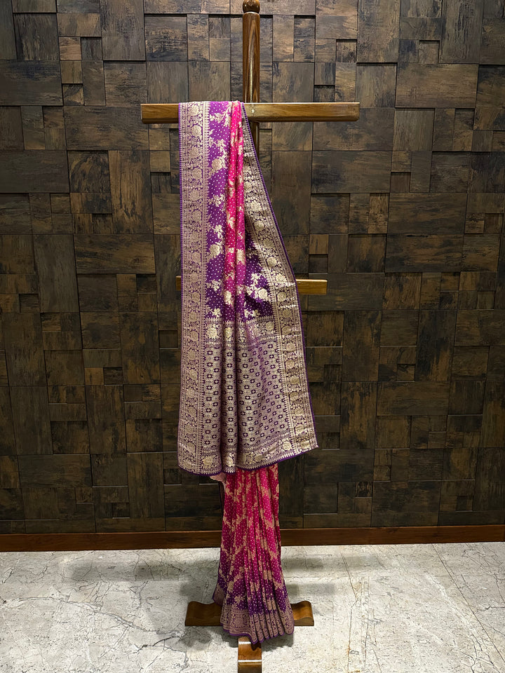 Pink Bandhani Feathersoft Georgette Saree with Gold Zari Weaving