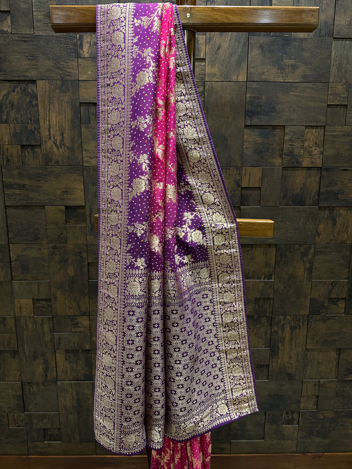 Pink Bandhani Feathersoft Georgette Saree with Gold Zari Weaving