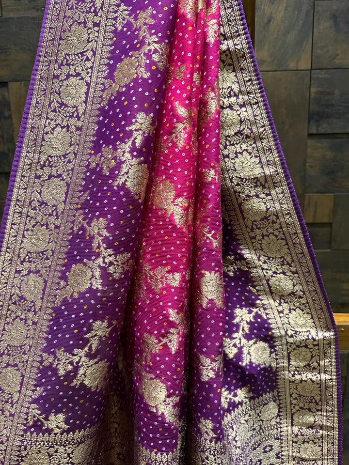 Pink Bandhani Feathersoft Georgette Saree with Gold Zari Weaving