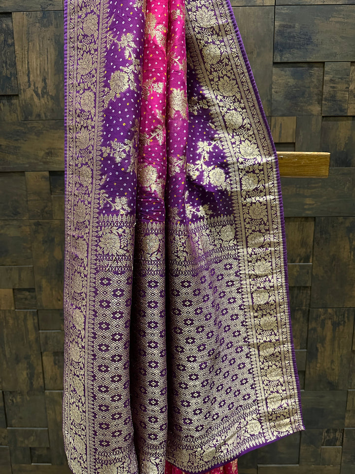 Pink Bandhani Feathersoft Georgette Saree with Gold Zari Weaving