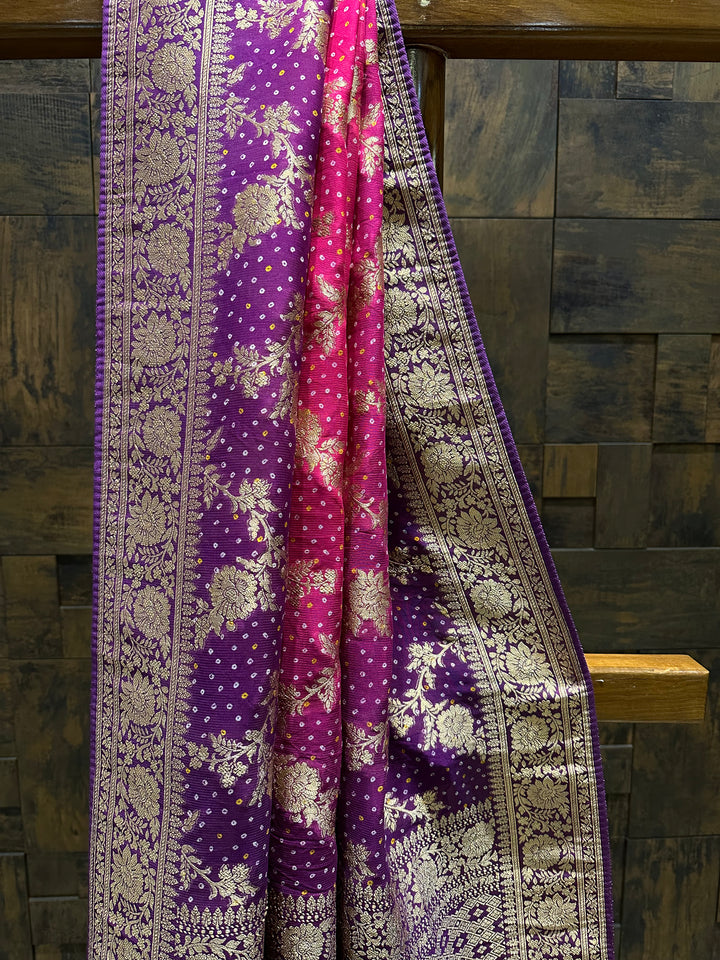 Pink Bandhani Feathersoft Georgette Saree with Gold Zari Weaving
