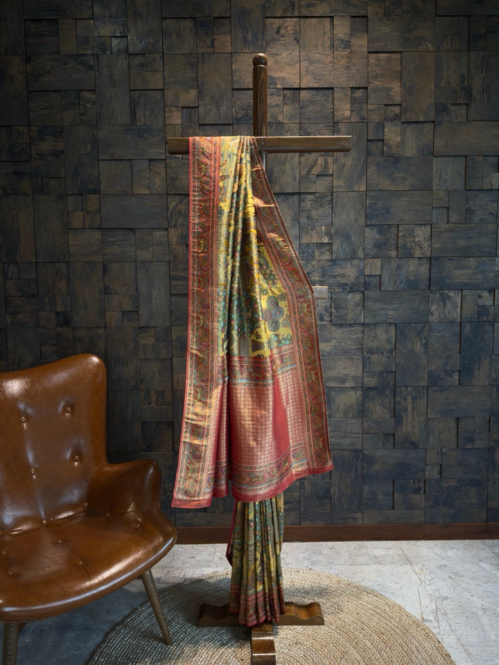 Mustard Yellow Mughal Motif Banarasi Katan Silk Saree with Pink Tissue Blouse