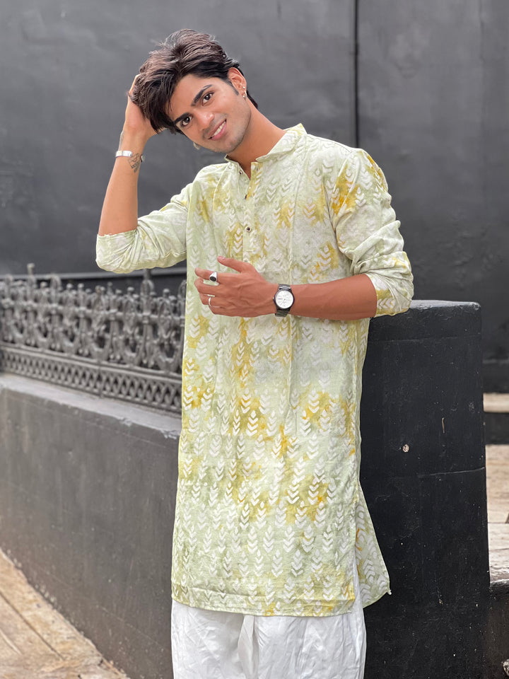 Olive-White Viscose Flowy Leaf Pattern Shibori Dyed Men's Kurta