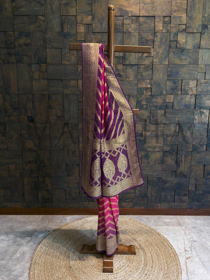 Pink Bandhani Feathersoft Georgette Saree with Gold Zari Weaving