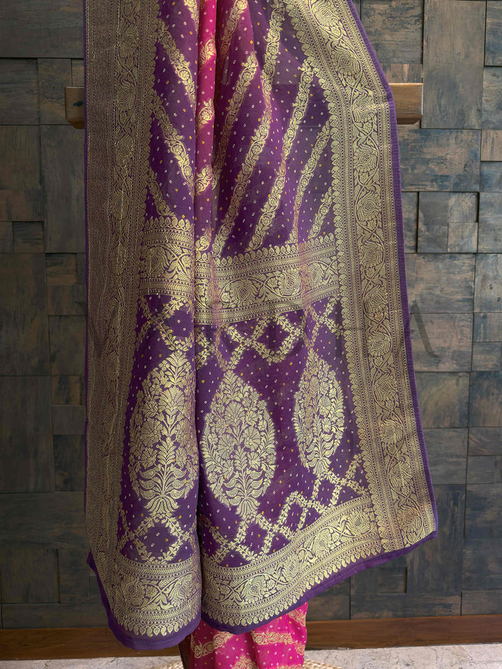 Pink Bandhani Feathersoft Georgette Saree with Gold Zari Weaving