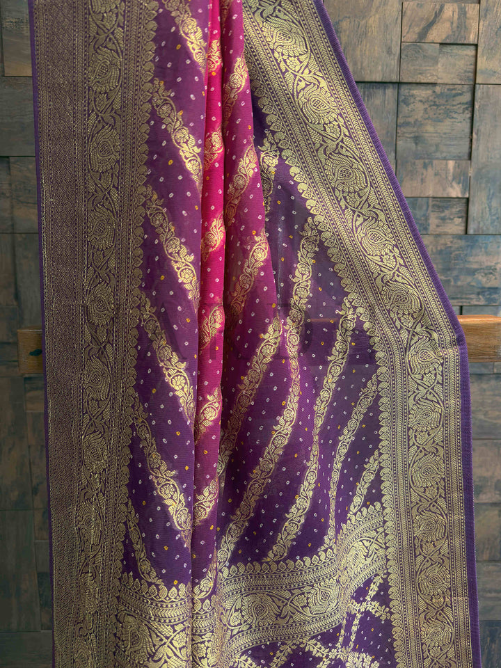 Pink Bandhani Feathersoft Georgette Saree with Gold Zari Weaving