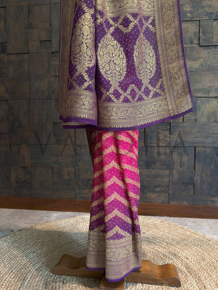 Pink Bandhani Feathersoft Georgette Saree with Gold Zari Weaving