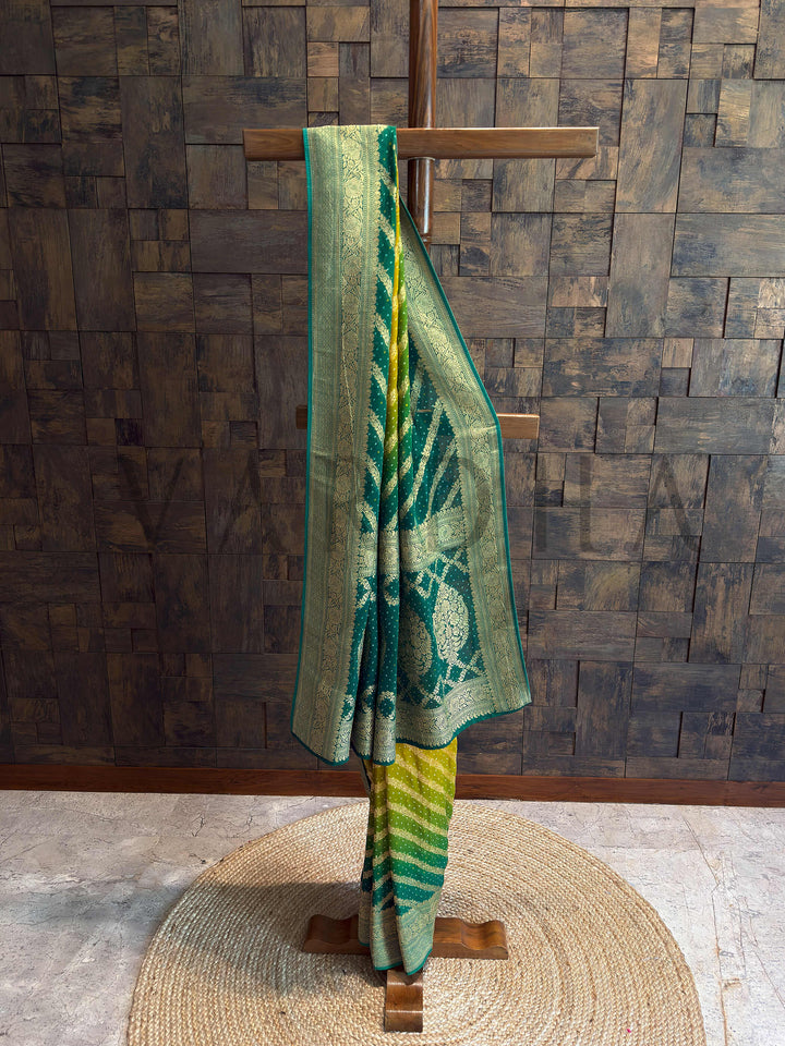 Green Bandhani Feathersoft Georgette Saree with Gold Zari Weaving
