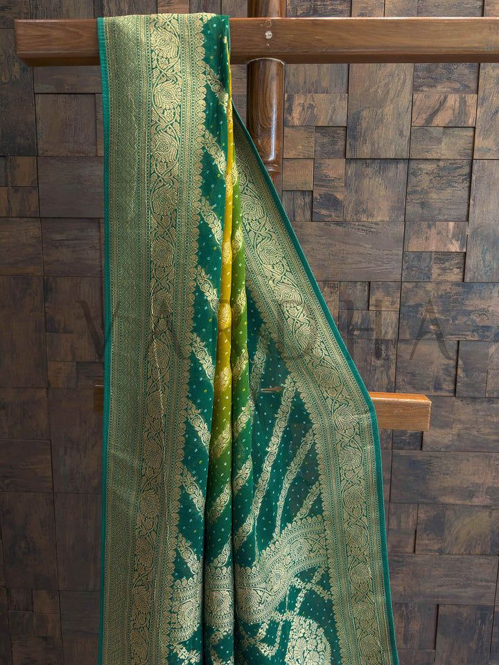Green Bandhani Feathersoft Georgette Saree with Gold Zari Weaving