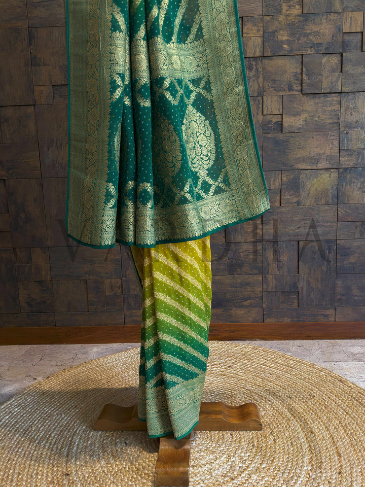 Green Bandhani Feathersoft Georgette Saree with Gold Zari Weaving