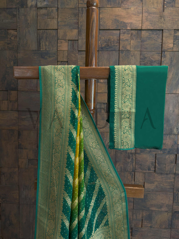 Green Bandhani Feathersoft Georgette Saree with Gold Zari Weaving