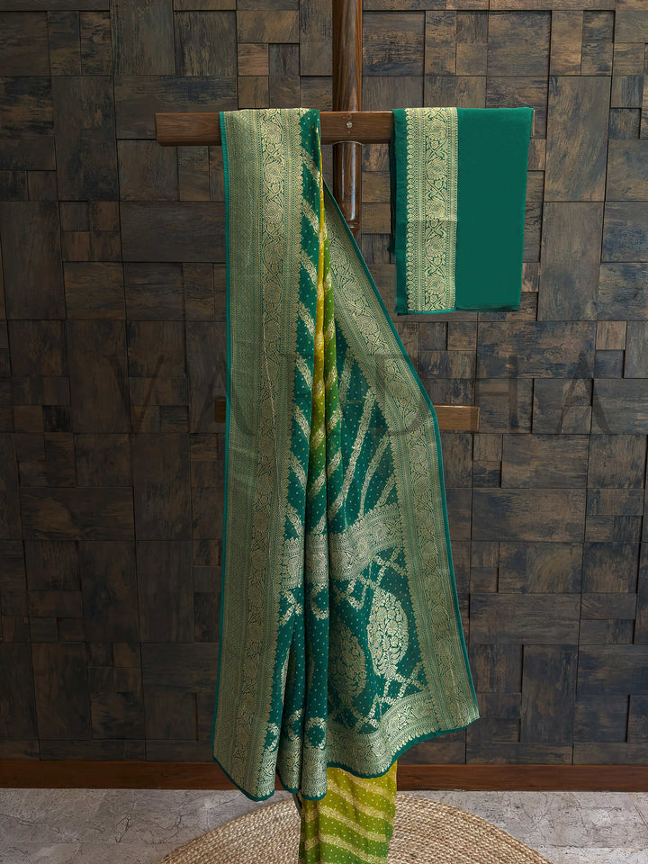 Green Bandhani Feathersoft Georgette Saree with Gold Zari Weaving