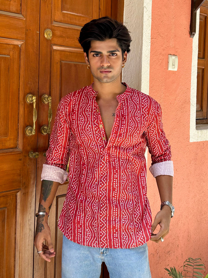 Maroon Printed  Men's Short Kurta