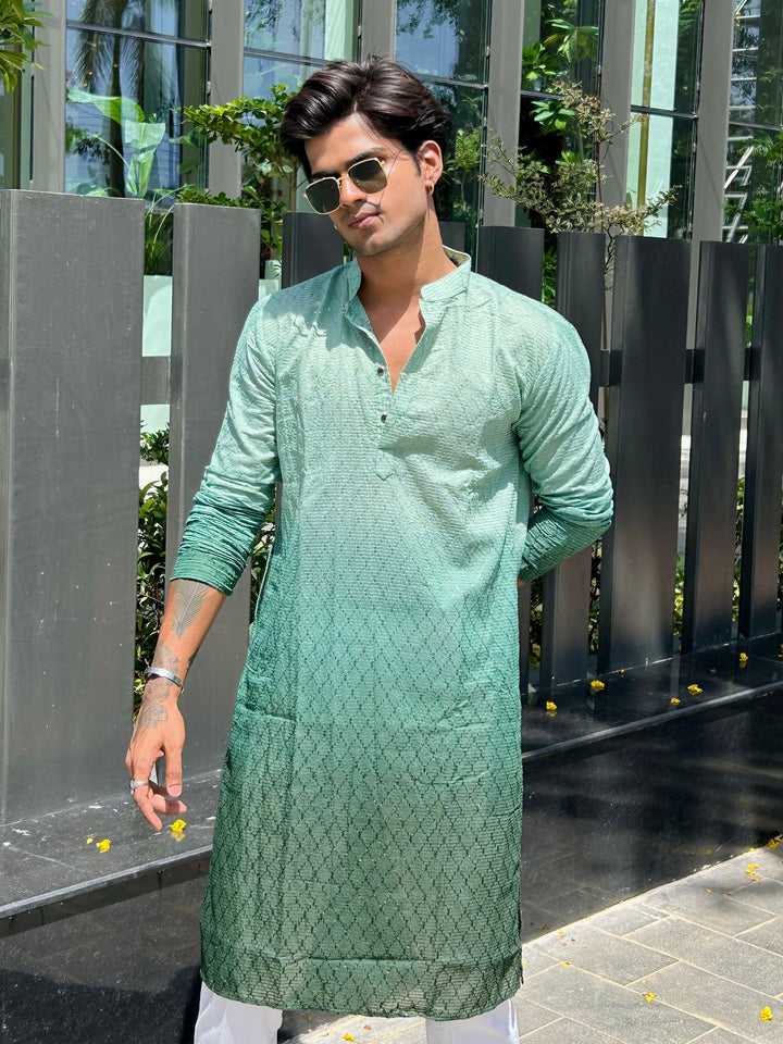 Emerald Green Cotton Kurta with Chikankari & Sequin Work