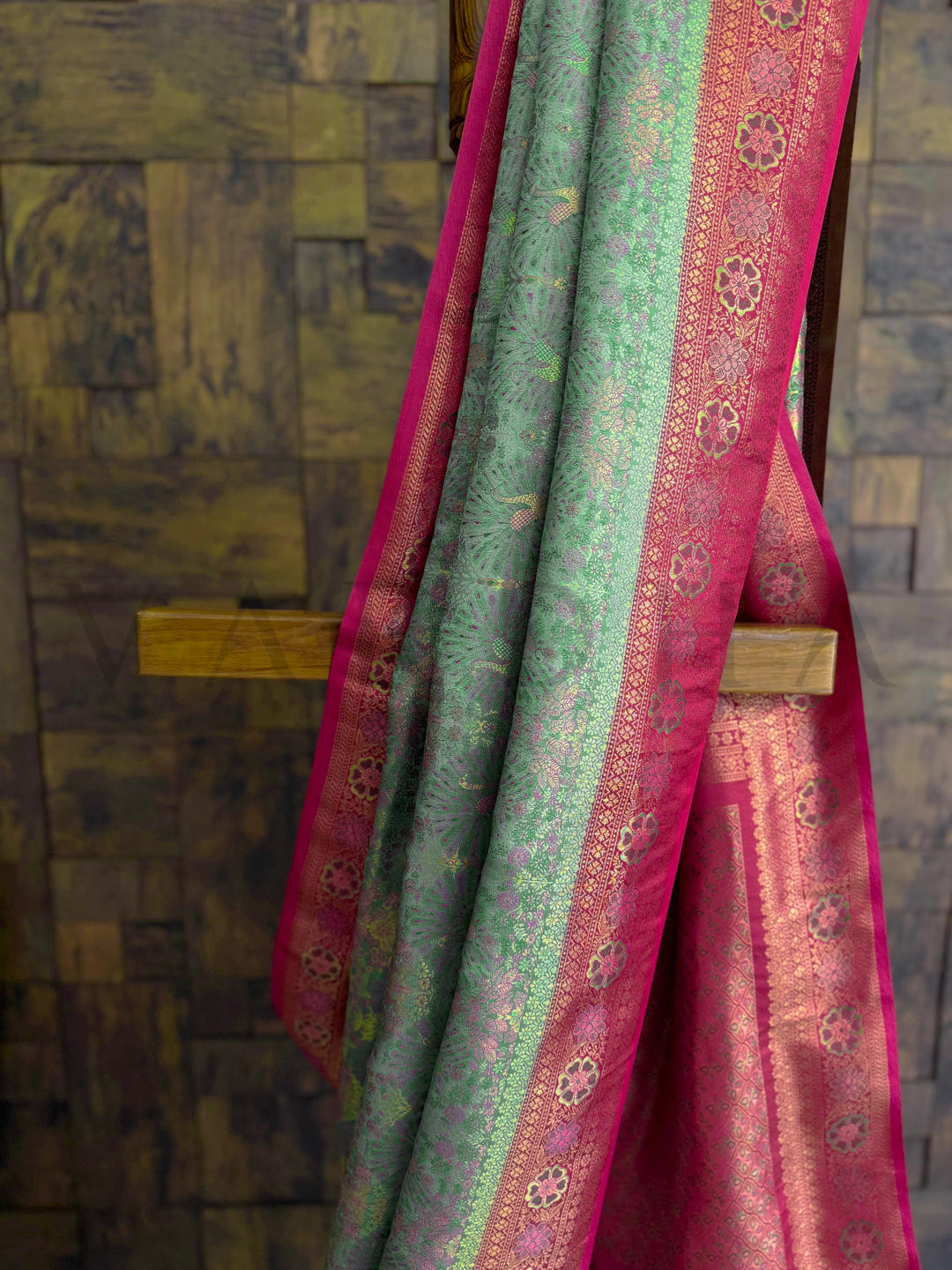 Sea Green–Pink Kalamkari Art Silk Saree with Gold Zari