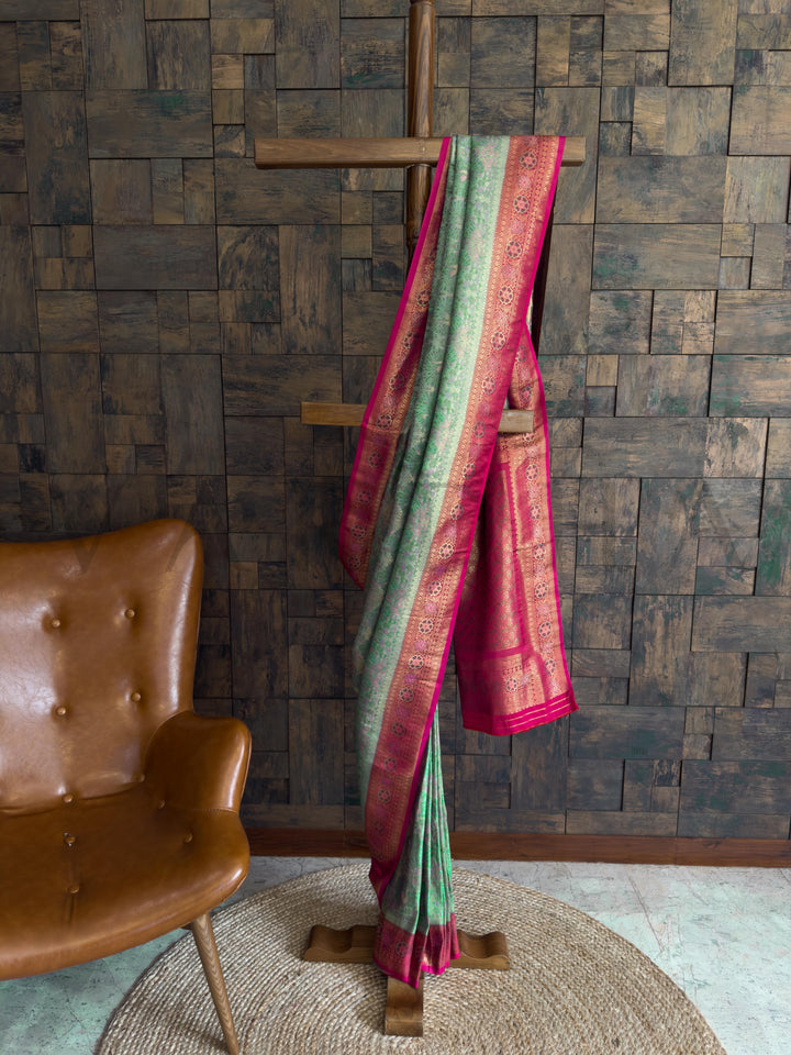 Sea Green–Pink Kalamkari Art Silk Saree with Gold Zari