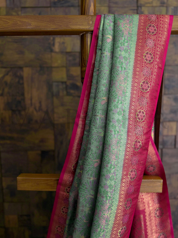Sea Green–Pink Kalamkari Art Silk Saree with Gold Zari