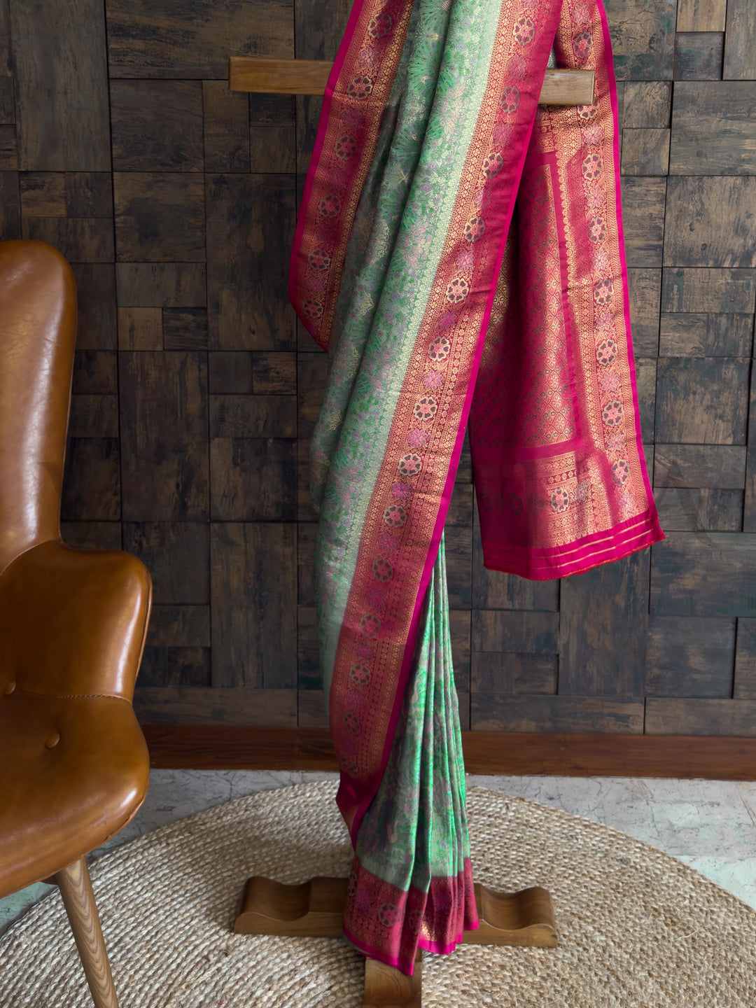Sea Green–Pink Kalamkari Art Silk Saree with Gold Zari