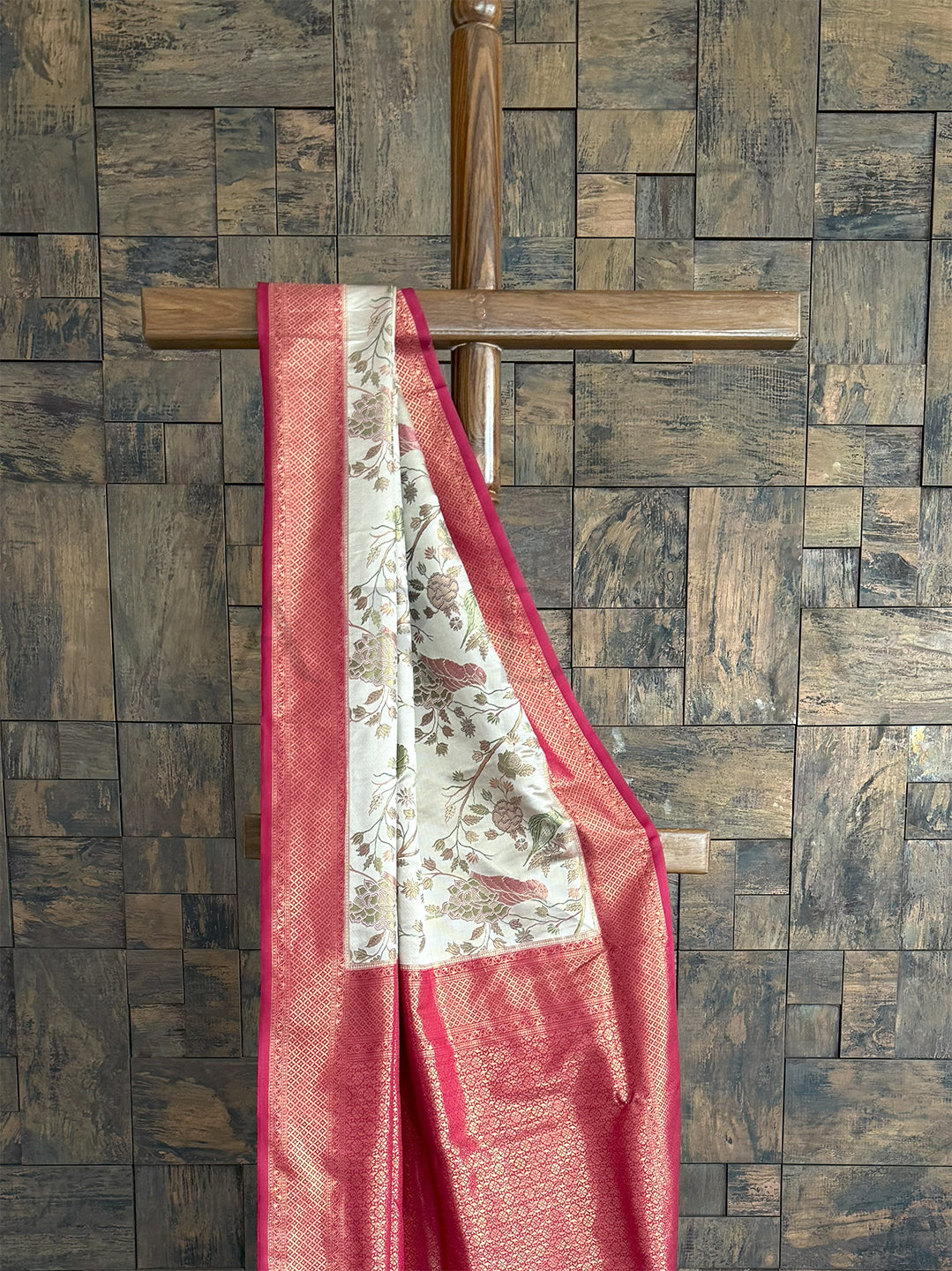 Cream Wine Woven Kalamkari Art Silk Traditional Saree with Zari Work