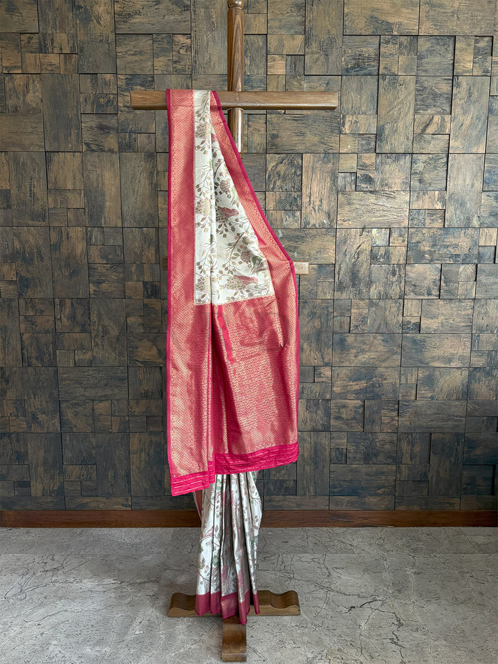 Cream Wine Woven Kalamkari Art Silk Traditional Saree with Zari Work