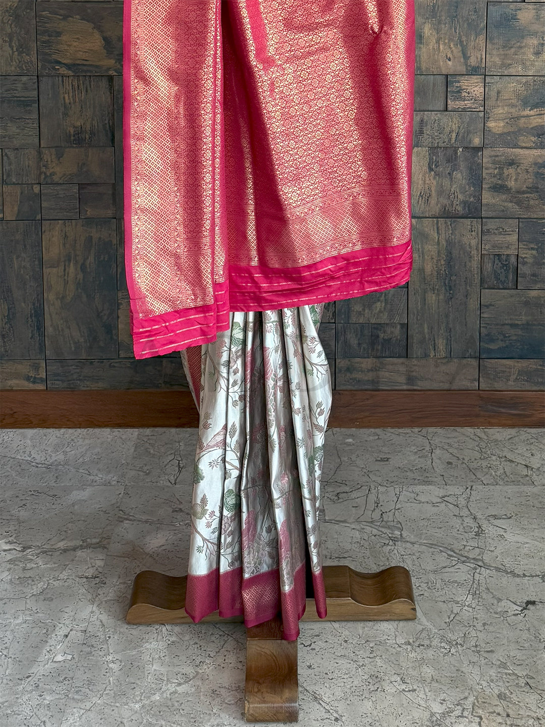 Cream Wine Woven Kalamkari Art Silk Traditional Saree with Zari Work