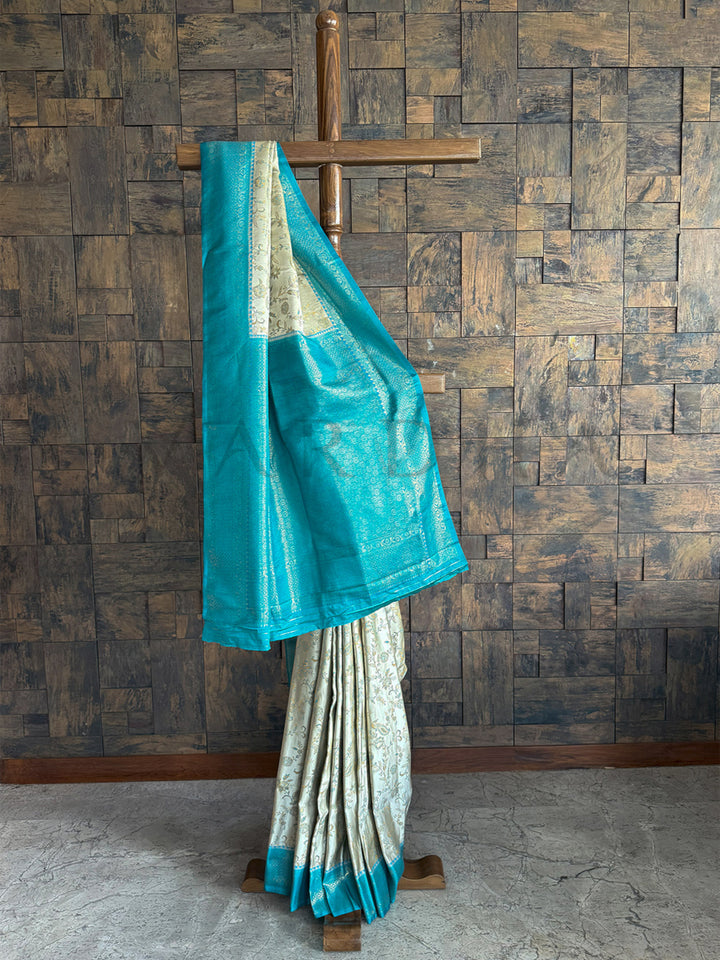 Rama Blue-Cream Woven Kalamkari Art Silk Saree with Zari Work