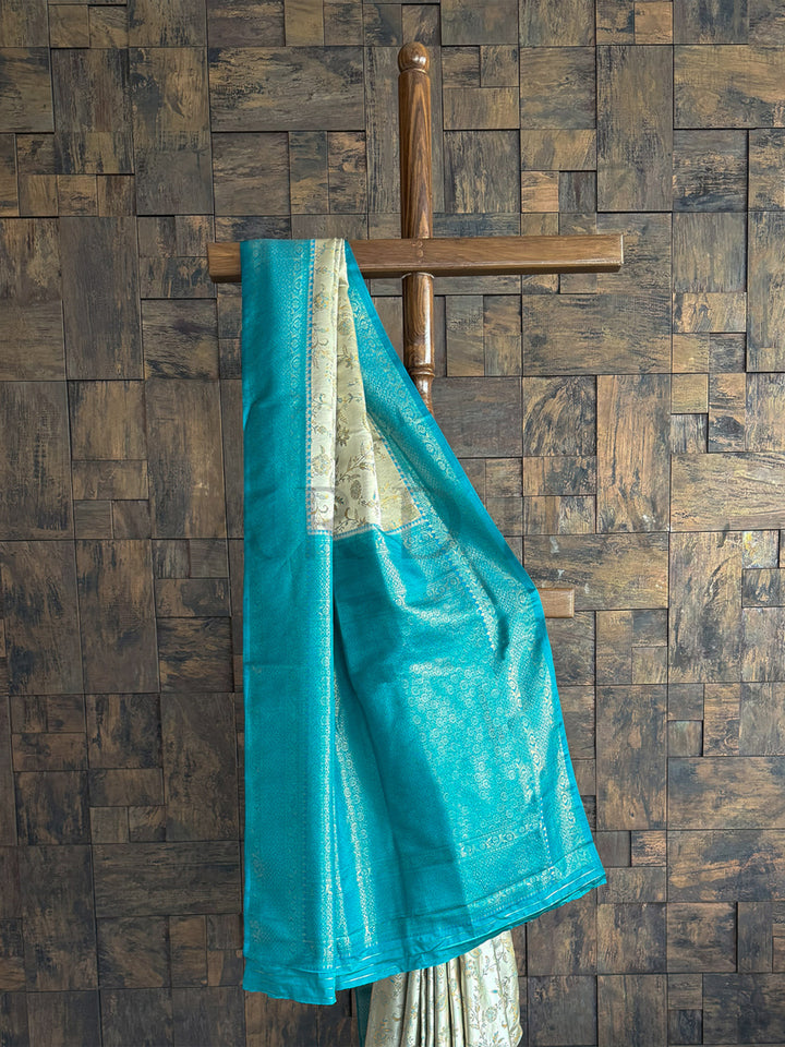 Rama Blue-Cream Woven Kalamkari Art Silk Saree with Zari Work