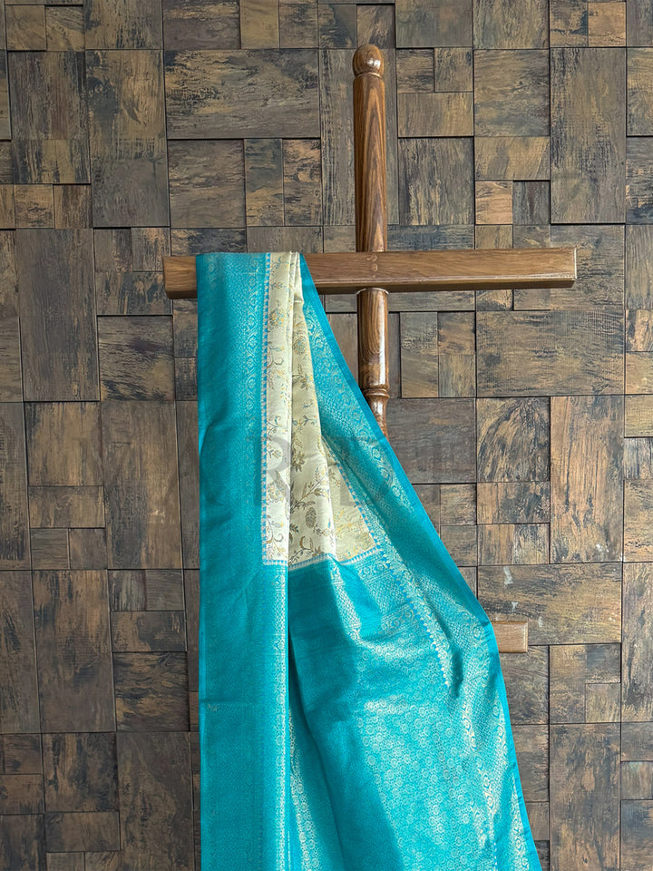 Rama Blue-Cream Woven Kalamkari Art Silk Saree with Zari Work