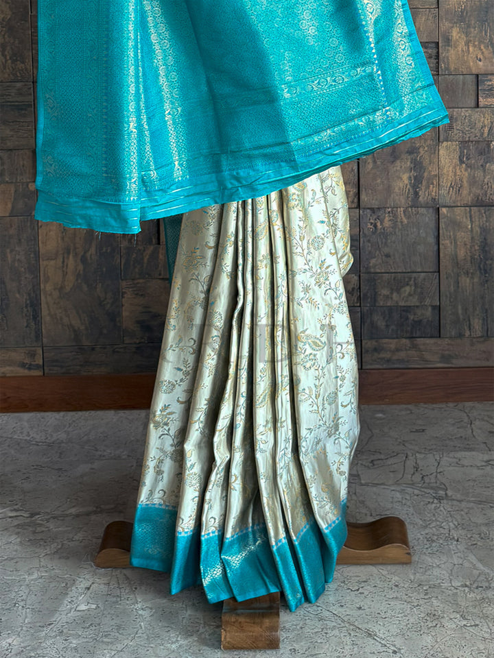 Rama Blue-Cream Woven Kalamkari Art Silk Saree with Zari Work