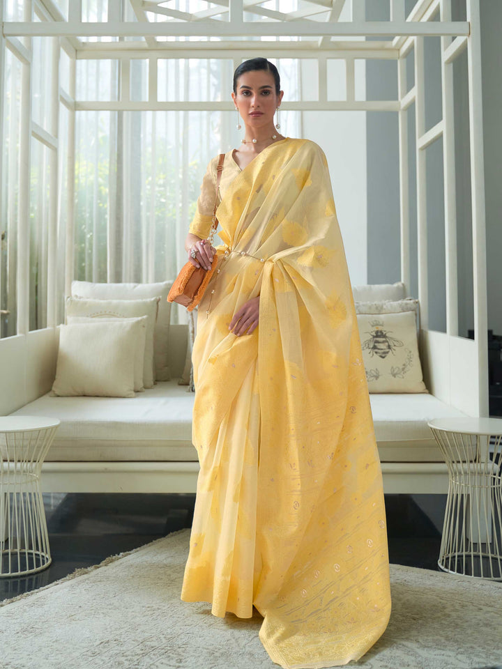 Lemon Yellow Lucknowi Chikankari Cotton Saree featuring Intricate Handwoven Embroidery and a Matching Blouse, perfect for Festive Celebrations and Cultural Gatherings.
