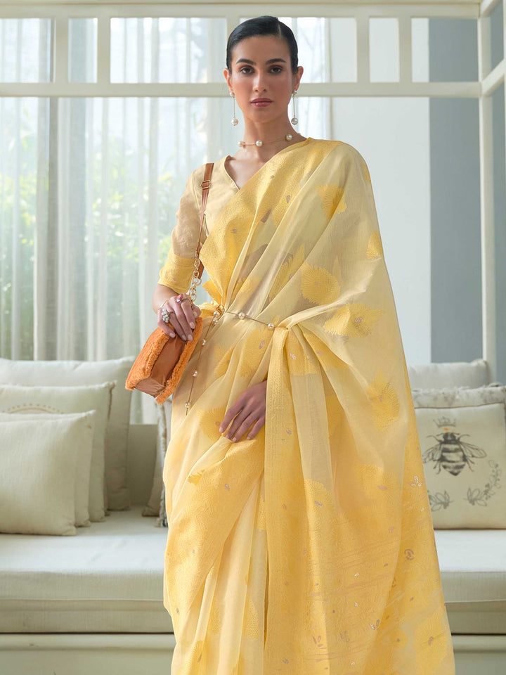 Traditional Lemon Yellow Lucknowi Chikankari Saree with Handcrafted Embroidery and a Matching Blouse, crafted from Soft, Lightweight Fabric for Comfortable Wear during Festive Occasions.