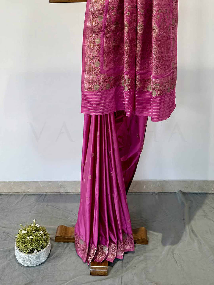 Lilac traditional Jamawar satin saree with exquisite detailing, designed for weddings and festive celebrations.